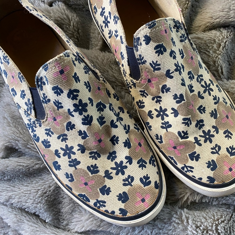 Tory Burch Floral Canvas Slip-On Sneakers - Navy and Pink